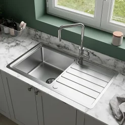 GoodHome Evier à encastrer en acier inoxydable 1 bac et égouttoir l. 50,5 x L.86,5 x P. 21,5 cm Quassia* Evier Et Robinet De Buanderie