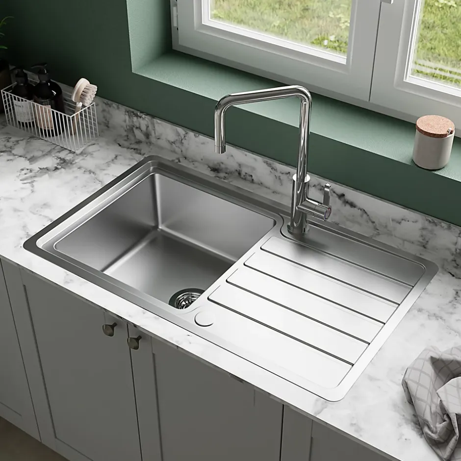 GoodHome Evier à encastrer en acier inoxydable 1 bac et égouttoir l. 50,5 x L.86,5 x P. 21,5 cm Quassia* Evier Et Robinet De Buanderie