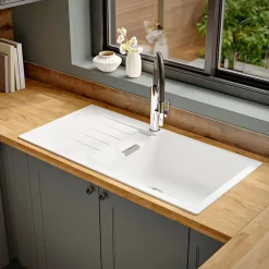 GoodHome Evier à encastrer en composite quartz blanc 1 bac et égouttoir l. 50 x H. 30,4 x P. 19,7 cm Torla