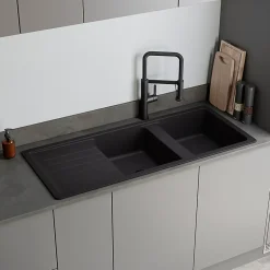 GoodHome Evier à encastrer en composite quartz 2 bacs et égouttoir L. 116 x l. 50 x H. 28,2 cm Alland