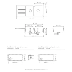 GoodHome Evier à encastrer en composite quartz 2 bacs et égouttoir L. 116 x l. 50 x H. 28,2 cm Alland