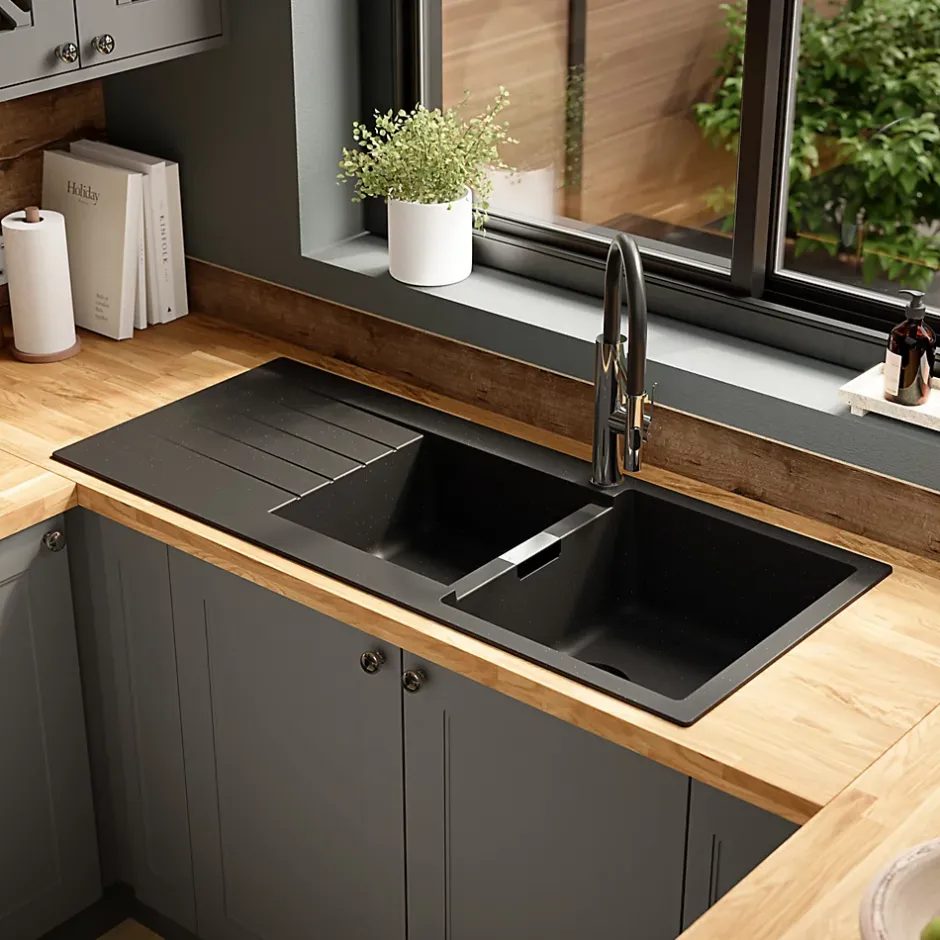 GoodHome Evier à encastrer en composite quartz noir 2 bacs et égouttoir l. 50 x H. 30,4 x P. 19,7 cm Torla