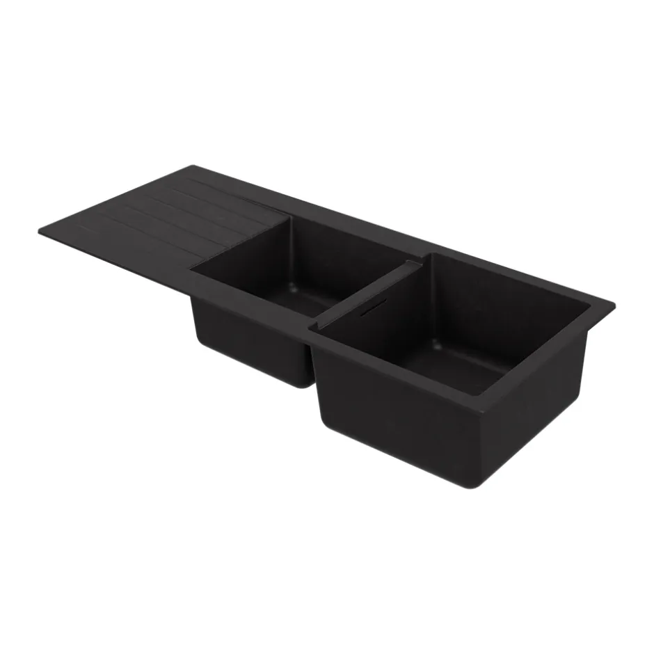 GoodHome Evier à encastrer en composite quartz noir 2 bacs et égouttoir l. 50 x H. 30,4 x P. 19,7 cm Torla