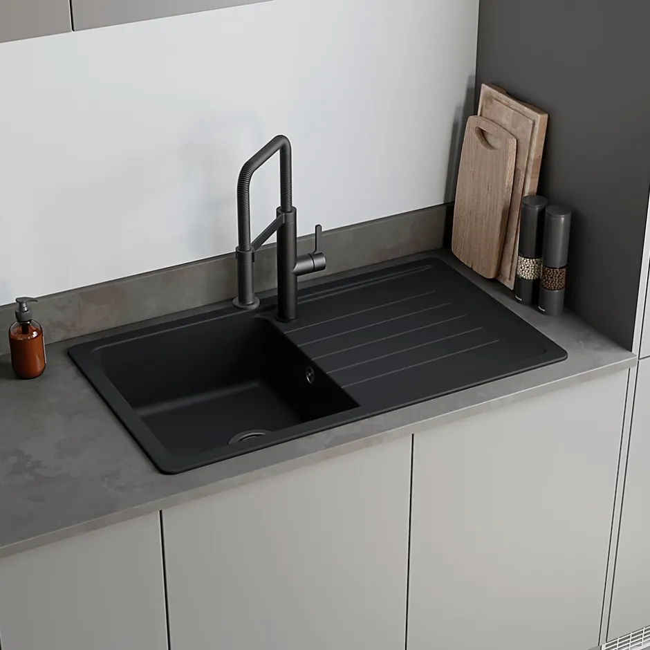 GoodHome Evier à encastrer en composite quartz noir 1 bac et égouttoir L. 86 x l. 50 x H. 28,2 cm Alland* Evier Et Robinet De Buanderie