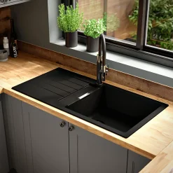 GoodHome Evier à encastrer en composite quartz gris 1 bac et égouttoir l. 50 x H. 30,4 x P. 19,7 cm Torla* Evier Et Robinet De Buanderie