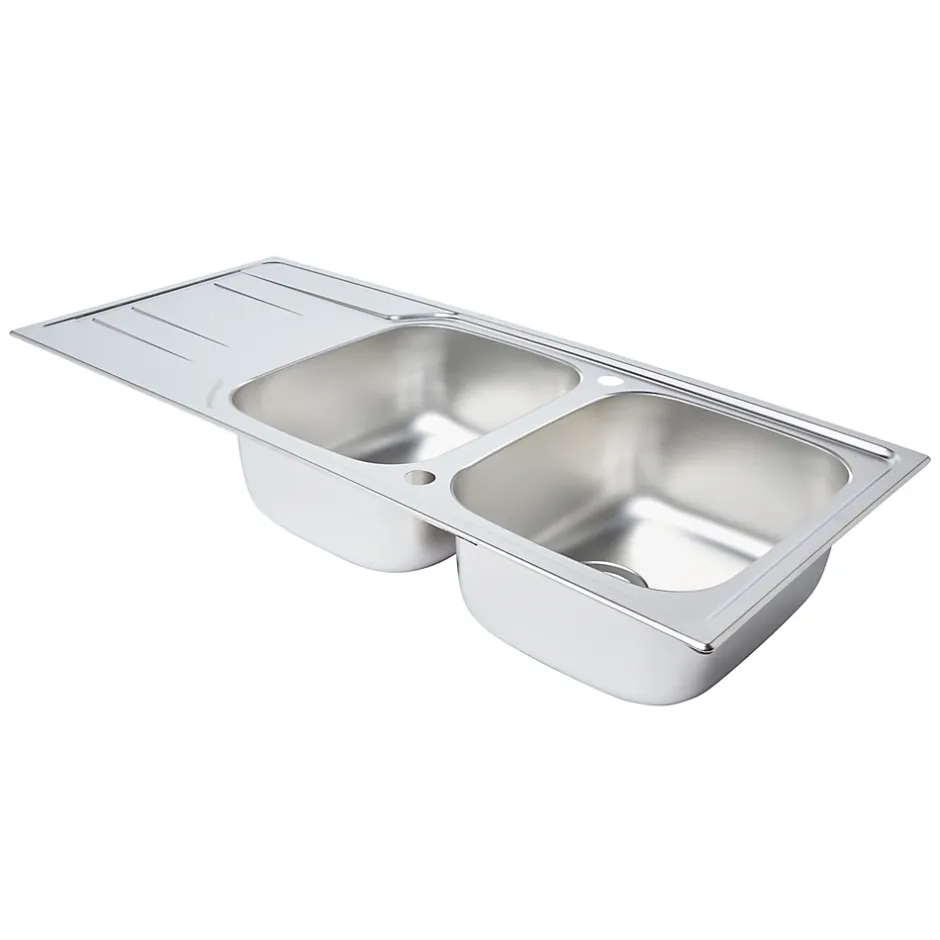 GoodHome Evier à encastrer en inox microstructuré 2 bacs et égouttoir l. 50 x H. 19 x P. 19 cm Lucerne* Evier Et Robinet De Buanderie