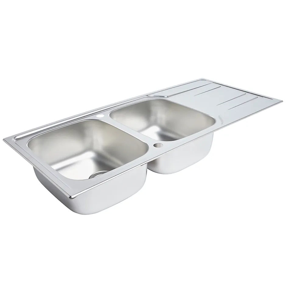 GoodHome Evier à encastrer en inox microstructuré 2 bacs et égouttoir l. 50 x H. 19 x P. 19 cm Lucerne* Evier Et Robinet De Buanderie