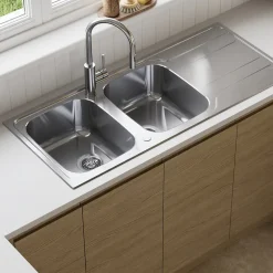 GoodHome Evier à encastrer en inox microstructuré 2 bacs et égouttoir l. 50 x H. 19 x P. 19 cm Lucerne* Evier Et Robinet De Buanderie