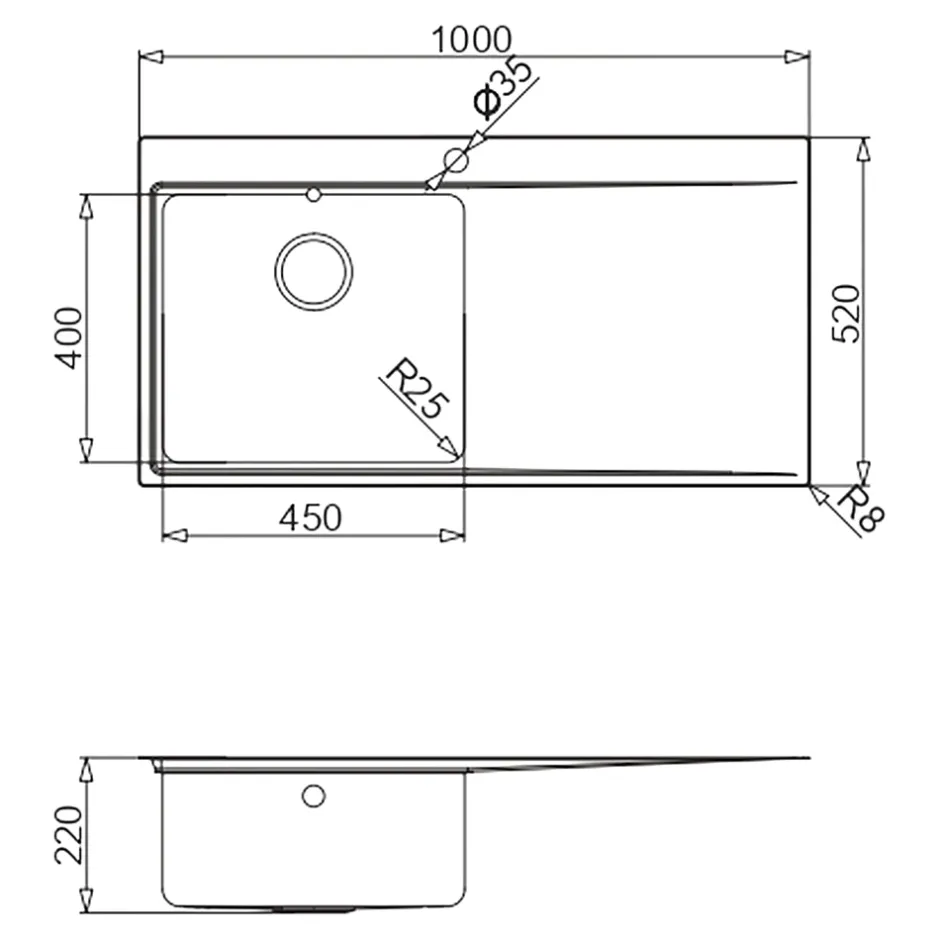 GoodHome Evier à encastrer en inox 1 bac et égouttoir l. 52 x L.100 x P. 21 cm Varenna
