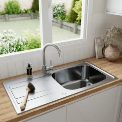 GoodHome Evier à encastrer en inox microstructuré 1 bac et égouttoir l. 50 x H. 21 x P. 100 cm Lucerne* Evier Et Robinet De Buanderie