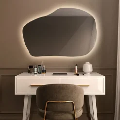Wallfluent Grand Miroir LED Organique Galet 100x65cm Lumière Chaude Décoratif Asymétrique Naturel Tendance* Miroir Lumineux