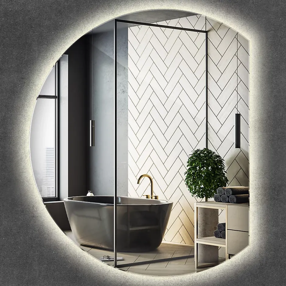 Wallfluent Grand Miroir LED Rond Bord Droit 84x100cm Lumière Neutre Décoratif Asymétrique Design Moderne