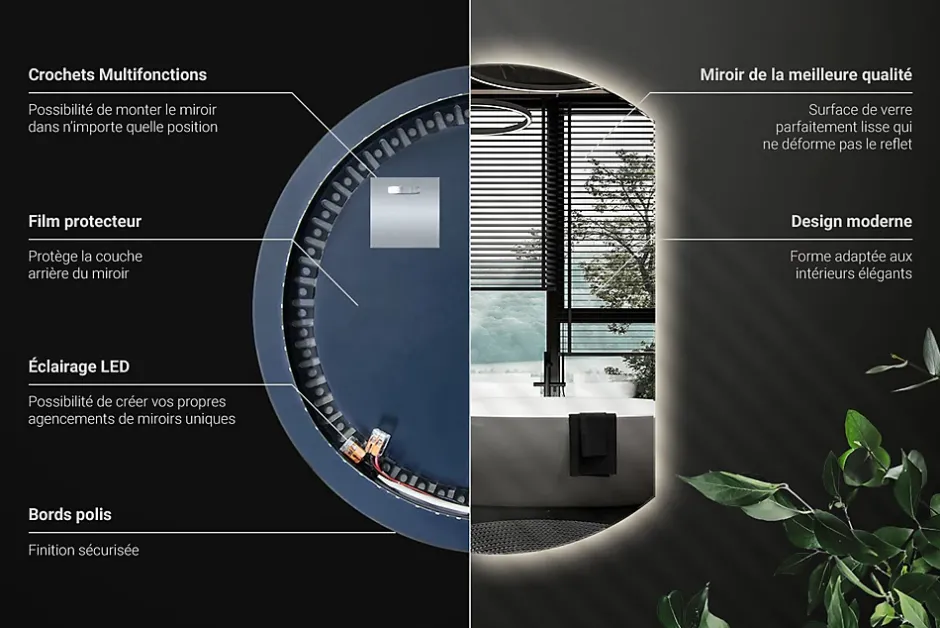 Wallfluent Grand Miroir LED Rond Bord Droit 84x100cm Lumière Neutre Décoratif Asymétrique Design Moderne