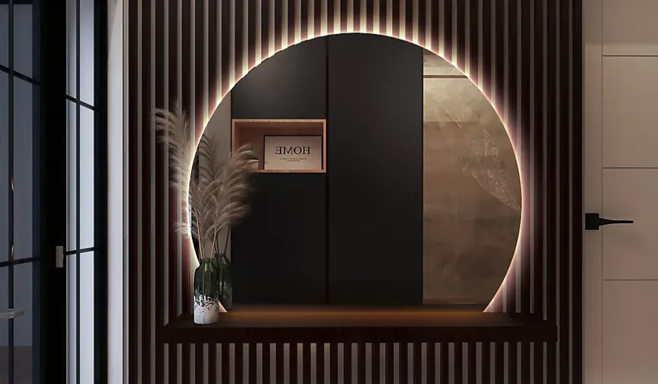 Wallfluent Grand Miroir LED Rond Bord Droit 84x100cm Lumière Neutre Décoratif Asymétrique Design Moderne