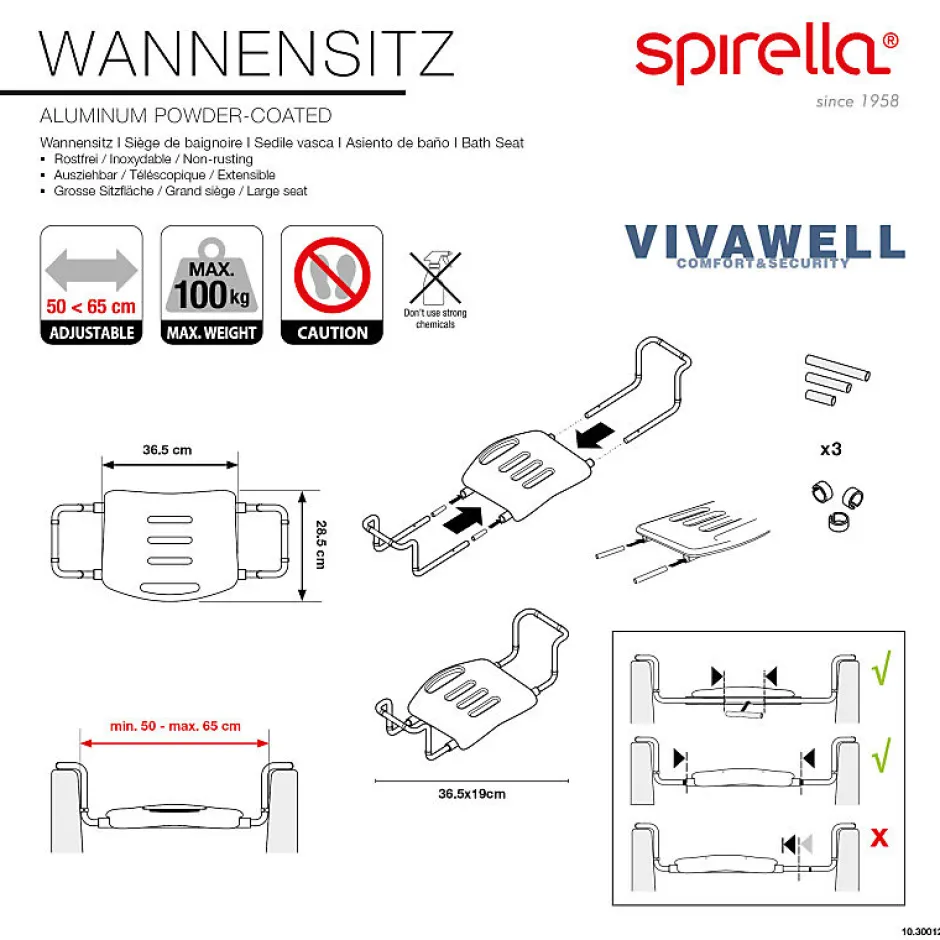 Spirella Grand siège télescopique de baignoire inoxydable Blanc