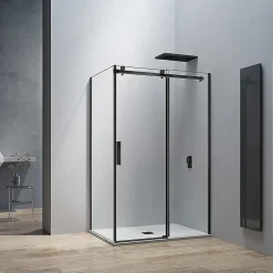 Grand Verre Cabine de douche style industriel avec porte coulissante 100x195 et paroi latérale 80x195 accessoires en noir mat* Cabine De Douche