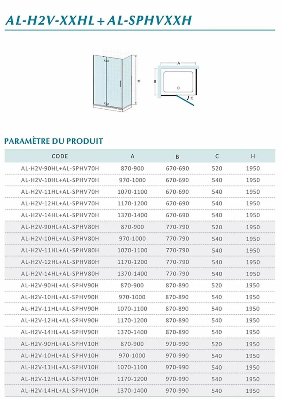 Grand Verre Cabine de douche en verre et aluminium avec porte pivotante ouvrante vers la droite 110x70x195