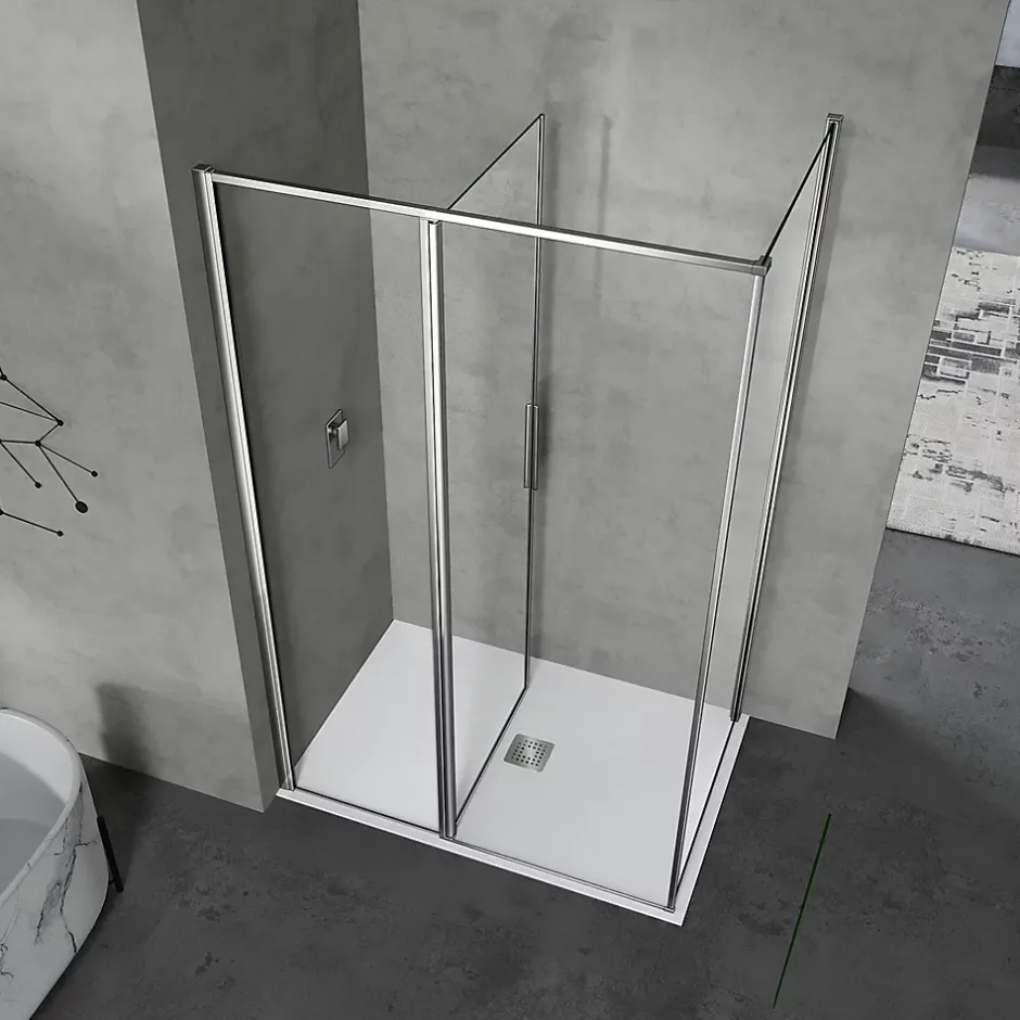 Grand Verre Cabine de douche 90x80 avec profilés en alu chromé à ouverture pivotante avec élément fixe