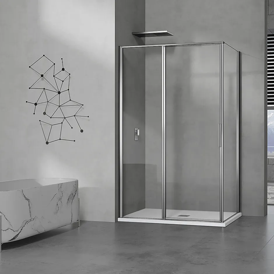 Grand Verre Cabine de douche 100x80 avec profilés en alu chromé à ouverture pivotante avec élément fixe
