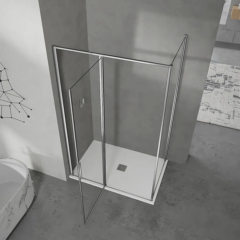 Grand Verre Cabine de douche 100x80 avec profilés en alu chromé à ouverture pivotante avec élément fixe