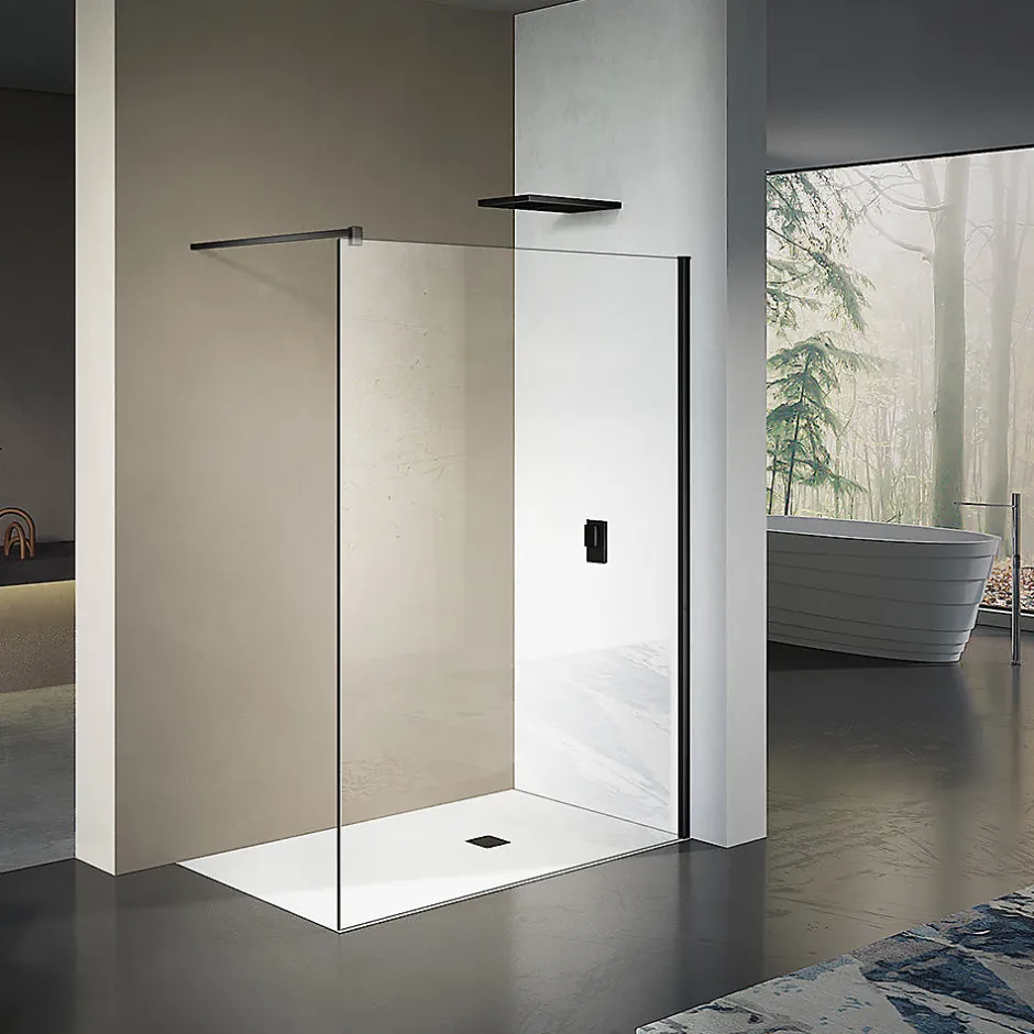 Grand Verre Paroi de douche 80x200 avec profilé et barre de fixation en noir mat en verre securit 8mm nano-vitrifié