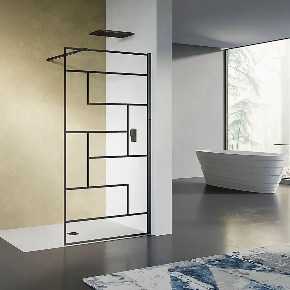 Grand Verre Paroi de douche design moderne 80x200 verre trempé d'épaisseur 8 mm sérigraphie linéaire noir mat