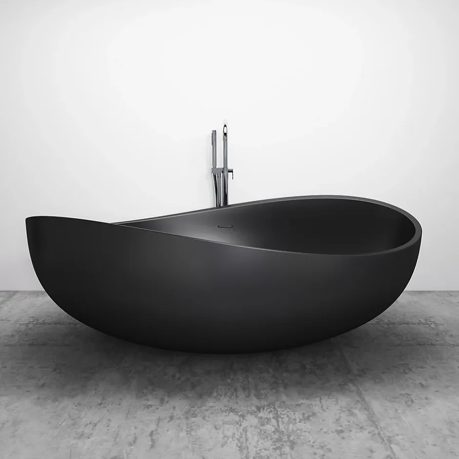 Bernstein Grande Baignoire îlot moderne fonte minérale salle de bain avec bonde et trop plein - 180x110x62cm - WAVE - Noir mat