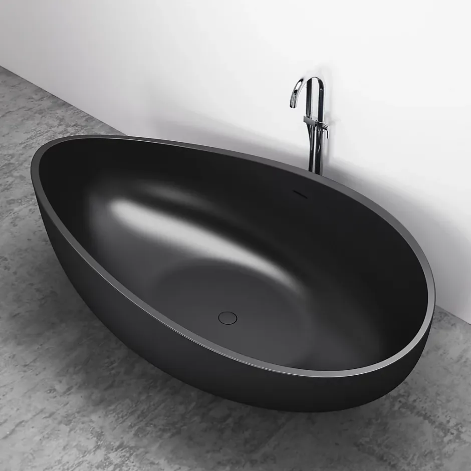 Bernstein Grande Baignoire îlot moderne fonte minérale salle de bain avec bonde et trop plein - 180x110x62cm - WAVE - Noir mat