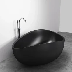Bernstein Grande Baignoire îlot moderne fonte minérale salle de bain avec bonde et trop plein - 180x110x62cm - WAVE - Noir mat