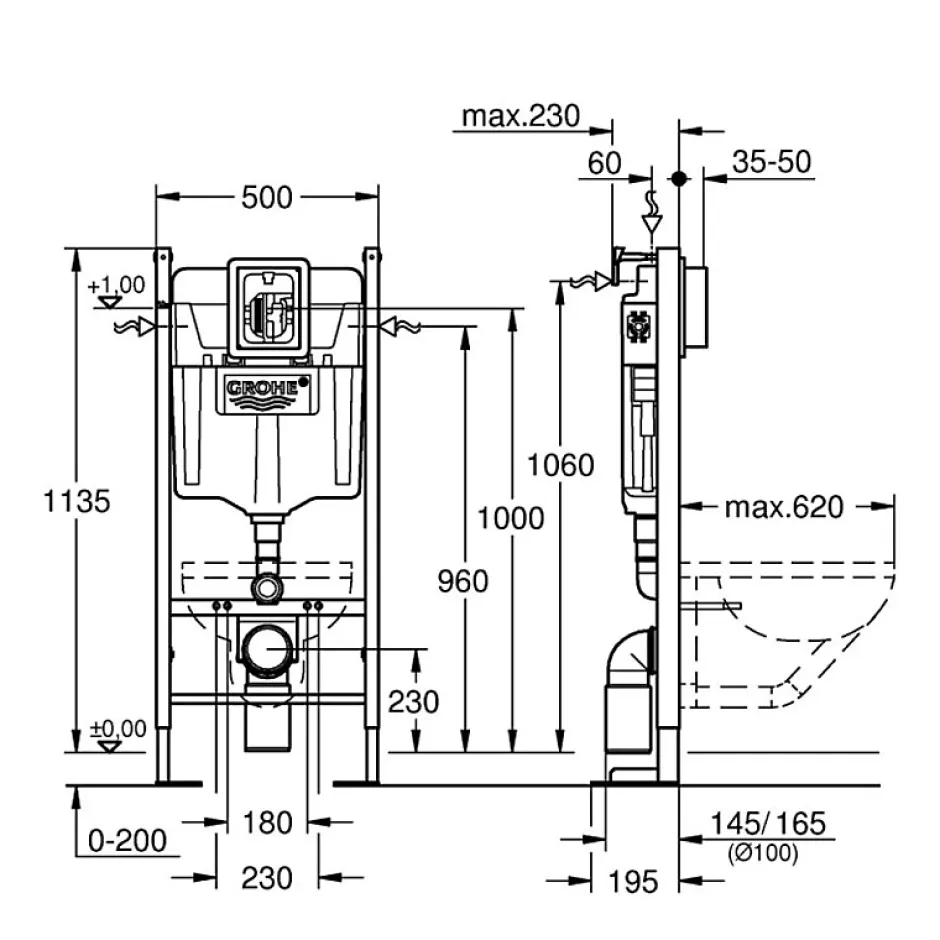 Grohe Bâti support wc Rapid SL Project + Plaque de commande Skate Air Blanc alpin