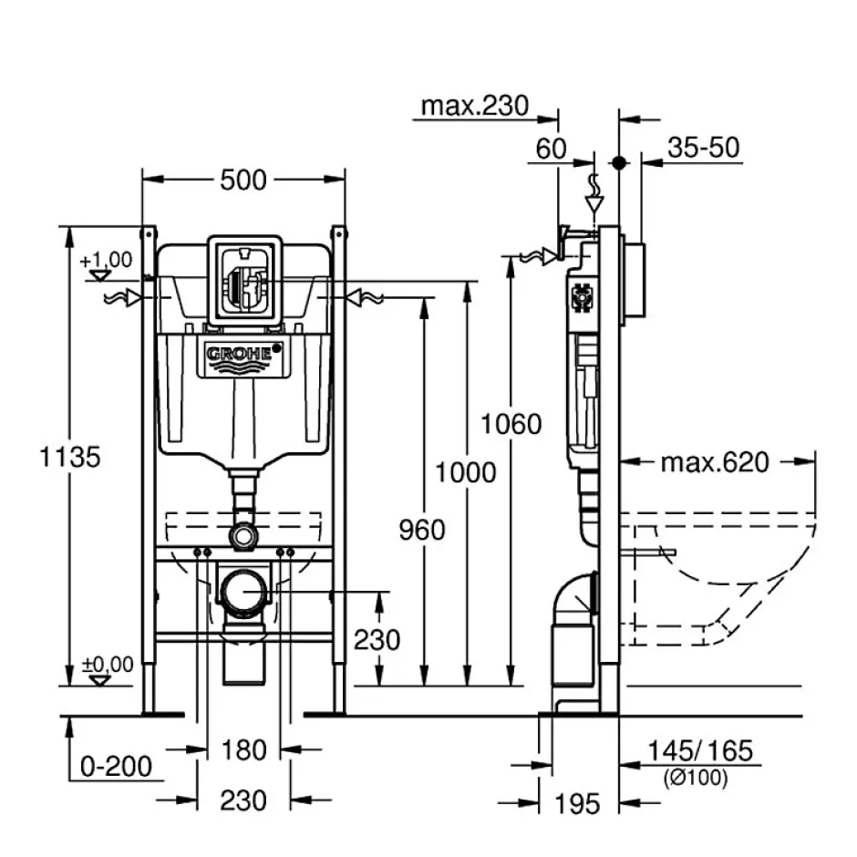Grohe Bâti support WC Rapid SL Project avec plaque de commande Skate Air Rapide SL chromé