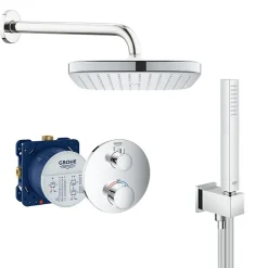 Grohe Grohtherm Set de douche encastré avec mitigeur thermostatique, douche de tête 250mm + Douchette avec support mural, Chrome