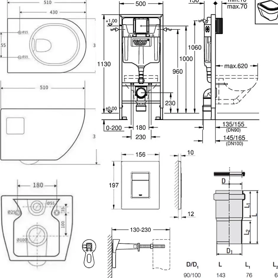 Grohe Pack WC Bâti-support Rapid SL + WC sans bride SAT + Abattant SoftClose + Plaque Noir mat (RapidSL-Project-KF0)* Wc Suspendu