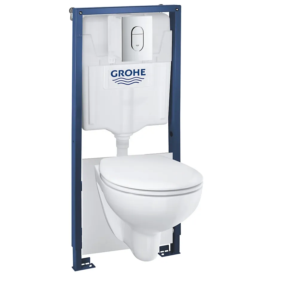 Grohe Pack WC Bâti-support Rapid SL + WC Bau Ceramic sans bride + Abattant softclose + Plaque chrome (39418000)