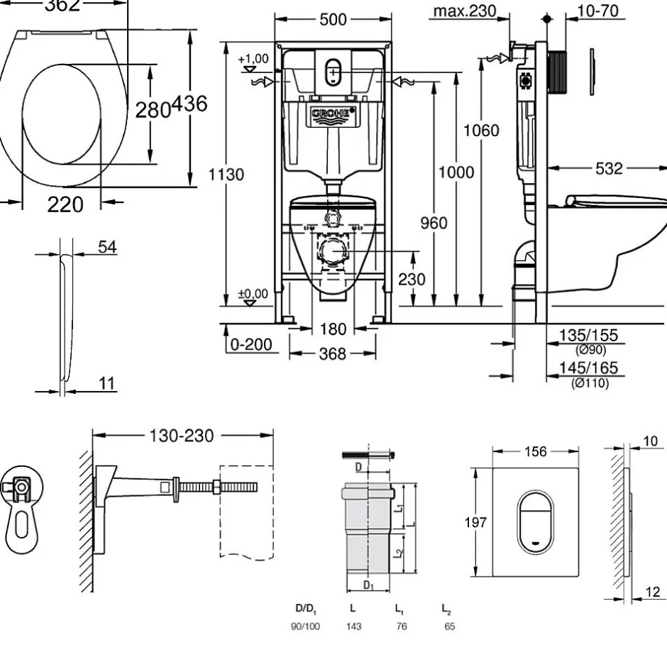 Grohe Pack WC Bâti-support Rapid SL + WC Bau Ceramic sans bride + Abattant softclose + Plaque chrome (39418000)