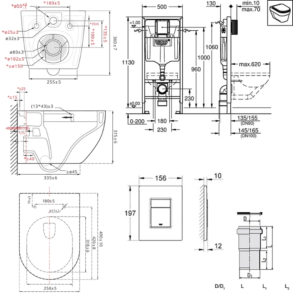 Grohe Pack WC Bâti-support Rapid SL + WC SAT Tornado sans bride + Abattant SoftClose + Plaque noire matte (RSLTORNADOKF0)* Wc Suspendu