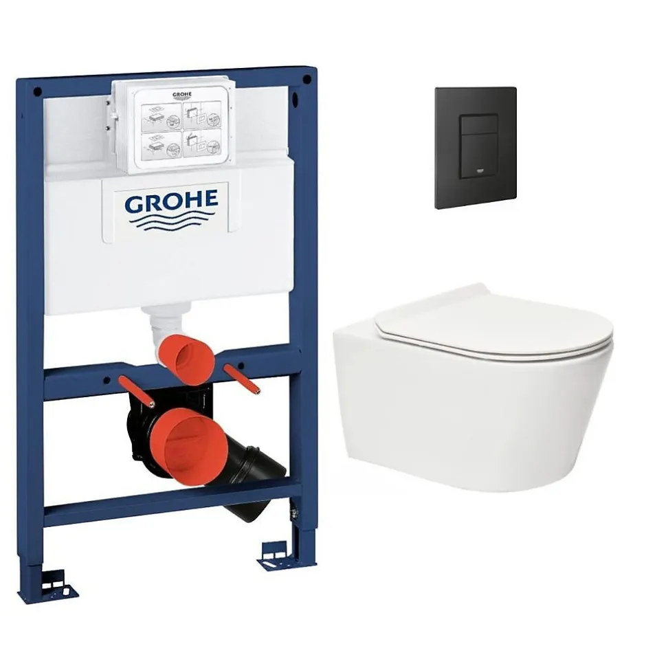 Grohe Pack WC Bâti-support Rapid SL + WC sans bride SAT Brevis + Plaque Noir mat (RapidSL082-Brevis-KF0)