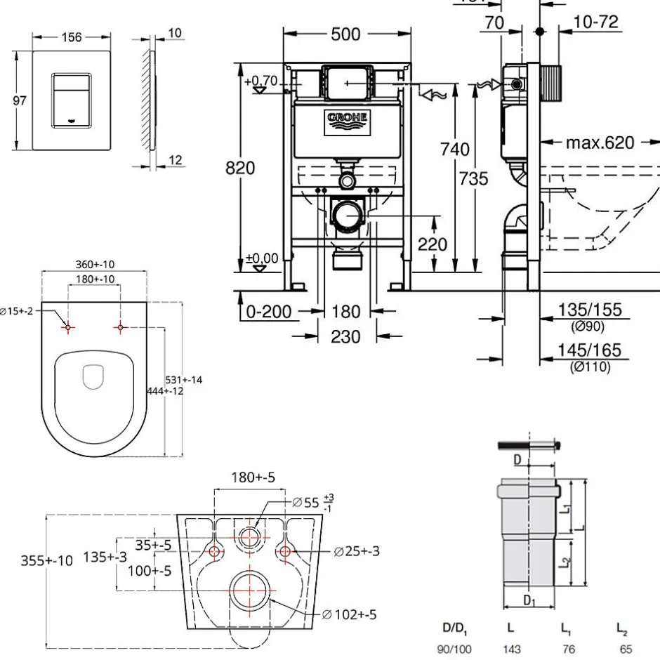 Grohe Pack WC Bâti-support Rapid SL + WC sans bride SAT Brevis + Plaque Noir mat (RapidSL082-Brevis-KF0)
