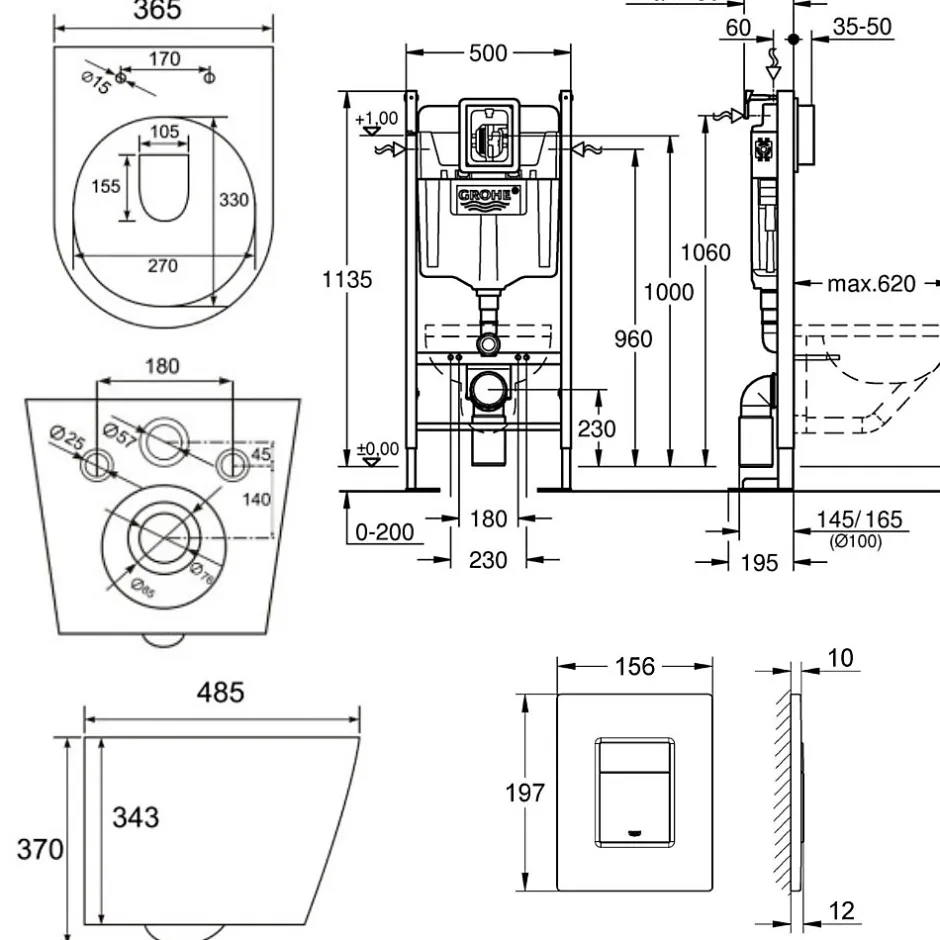 Grohe Pack WC Rapid SL + Cuvette sans bride SAT, fixations invisibles + Plaque Noir mat (RapidSL082-SATrimless-KF0)