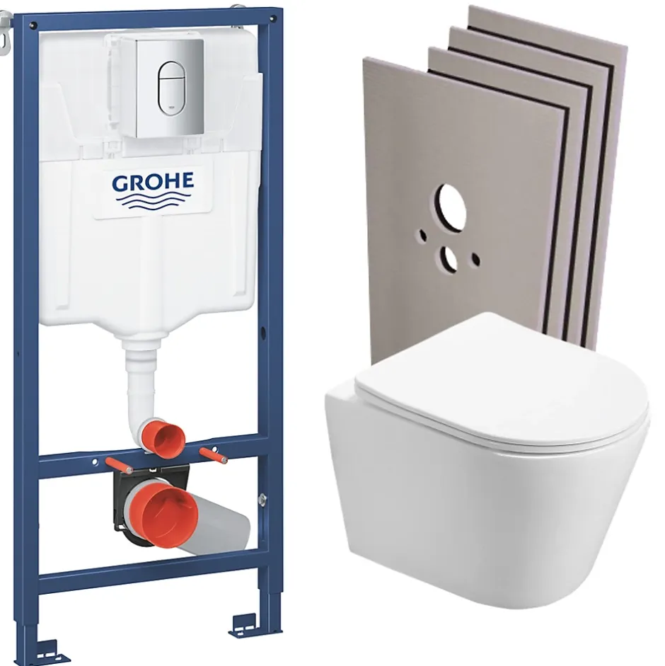 Grohe Pack WC Rapid SL + WC Swiss Aqua Technologies Infinitio sans bride + Plaque Arena chrome + Set d'habillage* Wc Suspendu