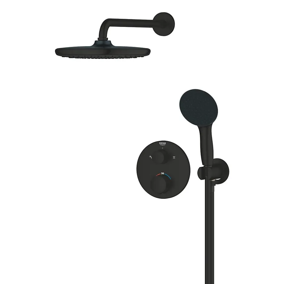 Grohe Precision Set de douche encastrée avec mitigeur thermostatique + Douche de tête + Douchette 2 jets, noir mat (G348832430)* Colonne De Douche Sans Robinetterie