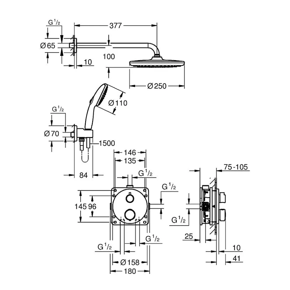 Grohe Precision Set de douche encastrée avec mitigeur thermostatique + Douche de tête + Douchette 2 jets, noir mat (G348832430)* Colonne De Douche Sans Robinetterie