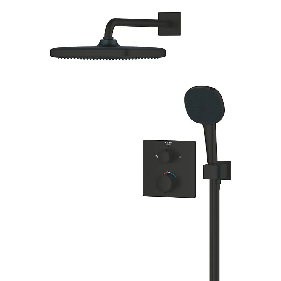 Grohe Precision Set de douche encastrée avec mitigeur thermostatique + Douche de tête + Douchette 2 jets, noir mat (G348822430)