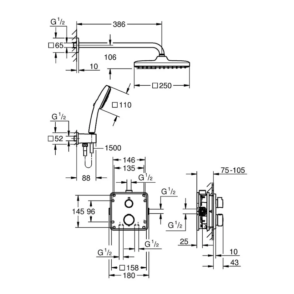 Grohe Precision Set de douche encastrée avec mitigeur thermostatique + Douche de tête + Douchette 2 jets, noir mat (G348822430)
