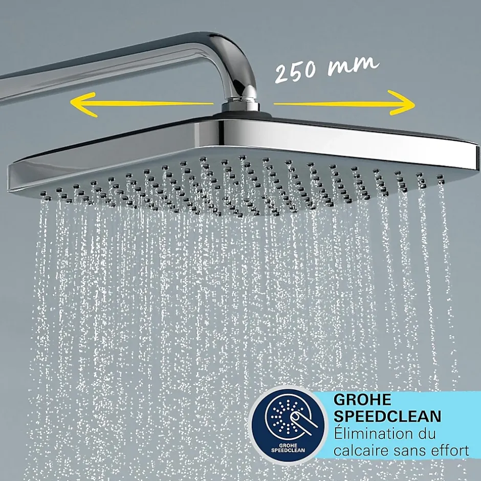 Grohe Quickfix Colonne de douche thermostatique XXL Cube 250 + Douchette 2 jets, Chrome (26696022)