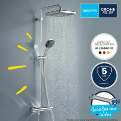 Grohe Quickfix Colonne de douche thermostatique XXL Cube 250 + Douchette 2 jets, Chrome (26696022)