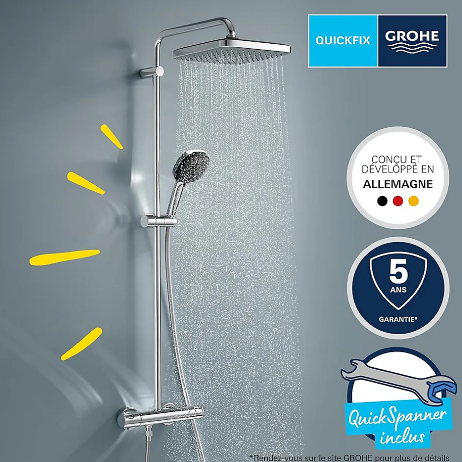 Grohe Quickfix Colonne de douche thermostatique XXL Cube 250 + Douchette 2 jets, Chrome (26696022)