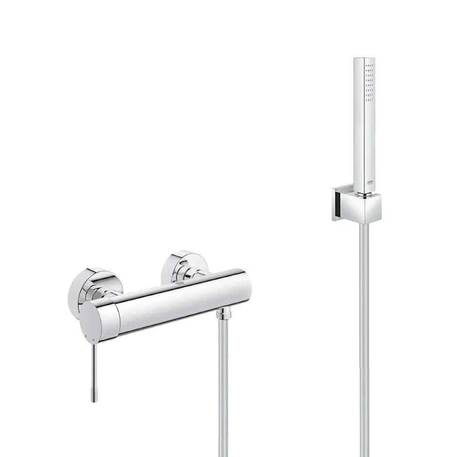 Grohe Set de douche Mitigeur de douche Essence + Douchette Stick 1 jet, support mural, flexible, Chrome (33636001-CUBESTICK)