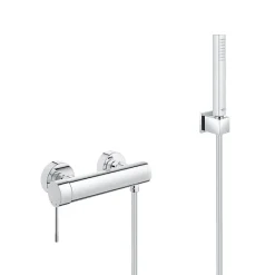 Grohe Set de douche Mitigeur de douche Essence + Douchette Stick 1 jet, support mural, flexible, Chrome (33636001-CUBESTICK)