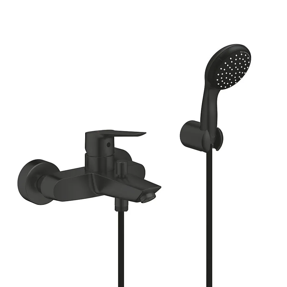 Grohe Set de douche mitigeur Bain/douche 1/2"+ Douchette 2 jets + support mural + Flexible 1750 mm, noir mat* Robinet De Baignoire